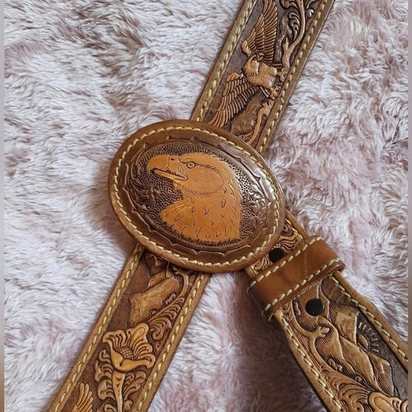 Genuine Leather Vintage Eagle Calla Lily Brown‎ Belt Size 40 - Picture 2 of 5